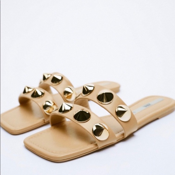 Zara Shoes - Zara Cream Beige Flat Sandal with straps and golden stud details sz.